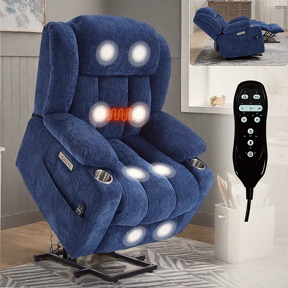 Blue Power Lift Massage Recliner Chenille - 350 LBS, 8-Point Vibration, Heating