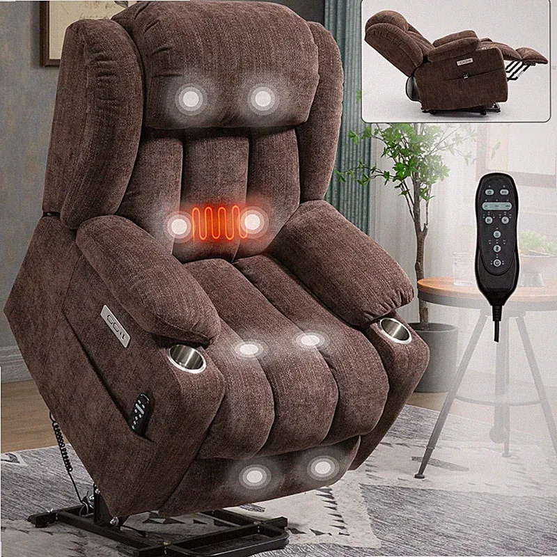 Chenille Power Lift Recliner Chair 8-Point Vibration Massage and Lumbar Heating